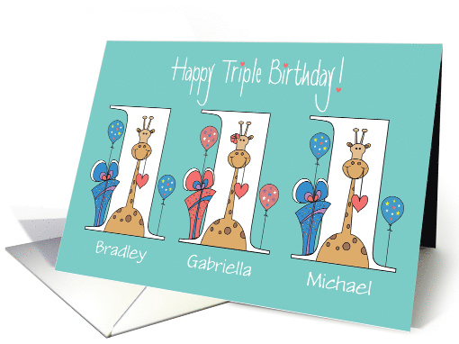 Birthday for Triplets, 2 Boys & 1 Girl, Giraffes With Balloons card