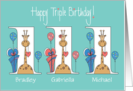 Birthday for Triplets, 2 Boys & 1 Girl, Giraffes With Balloons card