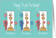 Birthday for Triplets, 2 Girls & 1 Boy, Giraffes With Balloons card