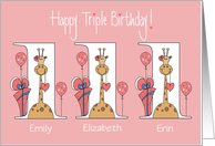 Birthday for Triplets, 3 Girls, Giraffes With Bows and Balloons card