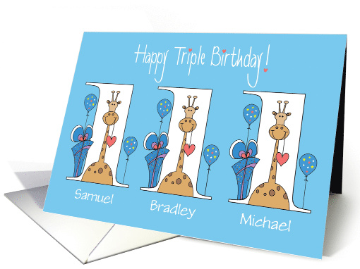 Birthday for Triplets, 3 Boys, Giraffes With Bows and Balloons card