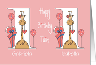 Birthday for Girl Twins, Giraffes With Pink Bows & Balloons card