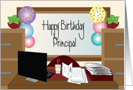 Birthday for Principal, Desk with Computer, Coffee and Balloons card