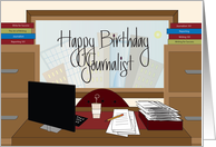 Birthday for Journalist, Desk with Papers, Books & File Cabinets card