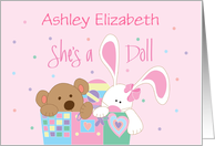 Baby Girl Congratulations, Custom Name with Bunny & Bear card
