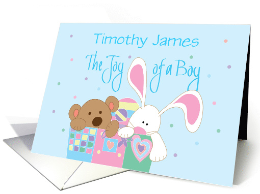 Baby Boy Congratulations, Personalized Name with Bunny & Bear card