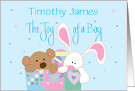 Baby Boy Congratulations, Personalized Name with Bunny & Bear card