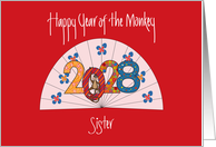 Chinese New Year 2028 for Sister with Oriental Fan & Monkey card