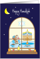 Hanukkah for Kids, Window Scene with Girl, Menorah & Dreidel card