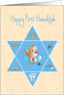 Baby’s First Hanukkah for Girl, Bear with Hanukkah Traditions card
