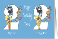 Birthday for 2 Year Old Twin Boys, Custom Names & Zoo Animals card