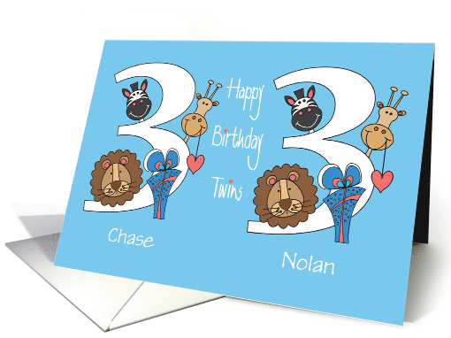 Birthday for 3 Year Old Boy Twins, Custom Names & Zoo Animals card