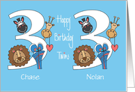 Birthday for 3 Year Old Boy Twins, Custom Names & Zoo Animals card