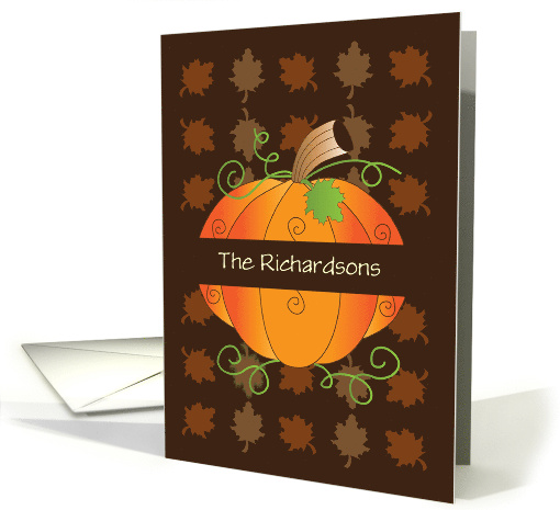 Thanksgiving Pumpkin with Custom Name and Drifting Fall Leaves card