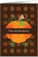 Thanksgiving Pumpkin with Custom Name and Drifting Fall Leaves card