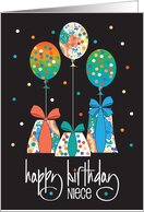 Hand Lettered Birthday for Niece Patterned Wrapped Gifts and Balloons card