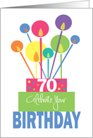 Birthday for 70 Year Old, Tall Thin Candles of Bright Stacked Cake card