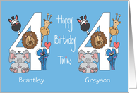 Birthday for 4 Year Old Boy Twins, Zoo Animals & Custom Names card