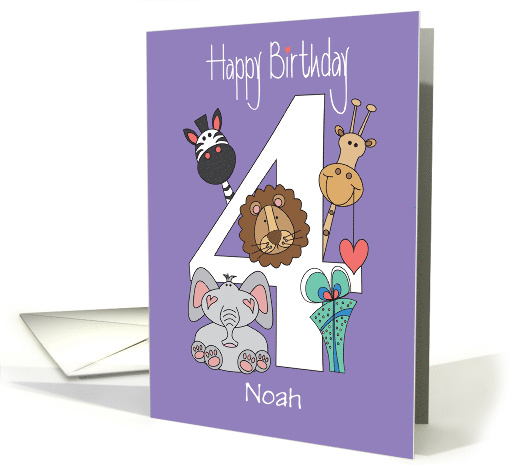 Birthday for 4 Year Old Boy with Custom Name & Zoo Animals card
