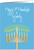 First Hanukkah as Family, Candle Filled Menorah & Hand lettering card