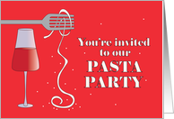 Pasta Party Invitation with Fork Twirling Noodle and Wine Glass card