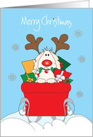 Christmas with Antlered Dog in Red Sleigh, Loaded with Gifts card