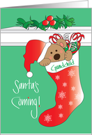 Christmas for Grandchild with Santa’s Coming Santa Bear in Stocking card