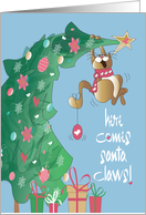 Christmas Here Comes Santa Claws Cat Bending Tree with Gifts Below card