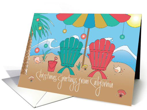 Hand Lettered California Christmas Greetings, with Beach Chairs card