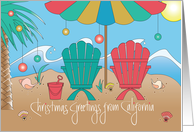 Hand Lettered California Christmas Greetings, with Beach Chairs card