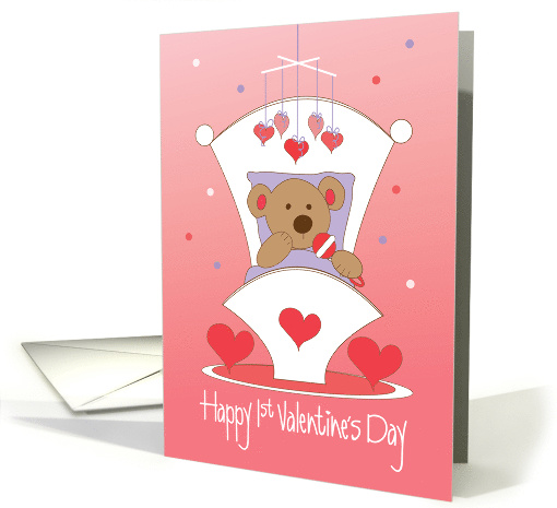 First Valentine's Day, Bear in Cradle with Hearts & Mobile card