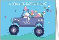 Hand Lettered Easter Nephew White Bunny in Monster Truck with Eggs card
