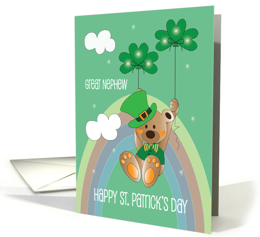 St. Patrick's Day Great Nephew Bear in Hat with Shamrock Balloons card