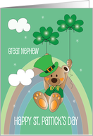 St. Patrick’s Day Great Nephew Bear in Hat with Shamrock Balloons card