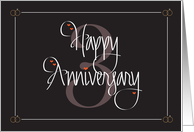 Hand Lettered 3rd Wedding Anniversary, With Large Three, Hearts card