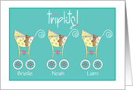 New Baby Triplet Congratulations Yellow Strollers with Custom Names card