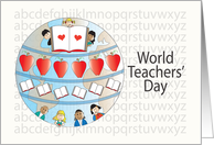 World Teachers’ Day, with Books, Apples, Students & World Map card