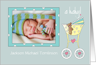 New Baby Announcement Yellow Bassinette Custom Photo and Name card