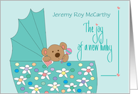 Hand Lettered Joy of New Baby Bear in Bassinette with Custom Name card