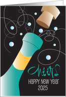 New Year’s 2024 Cheers Popping Cork, Bubbles & Champagne Bottle card