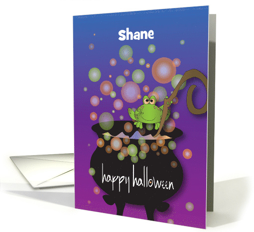 Halloween for Kids Frog on Cauldron with Bubbles and Custom Name card