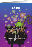 Halloween for Kids Frog on Cauldron with Bubbles and Custom Name card