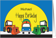 Birthday 2 Year Old Custom Name, Front Loaders & Cement Truck card