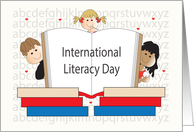 International Literacy Day, Three Kids with Open Book & Hearts card