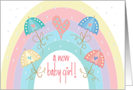 Hand Lettered Baby Girl Shower Rainbow and Umbrellas with Hearts card