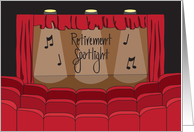 Retirement for Music Teacher, Stage with Notes and Curtains card