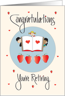 Retirement for Teacher, Children with Book, Hearts and Apples card