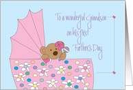 1st Father’s Day for Grandson, Bear with Bow in Pink Bassinette card