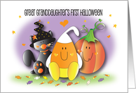 1st Halloween for Great Granddaughter, Pumpkin, Kitty & Candy Corn card