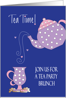 Invitation to Tea Party Brunch with Polka Dot Tea Pot and Pastries card